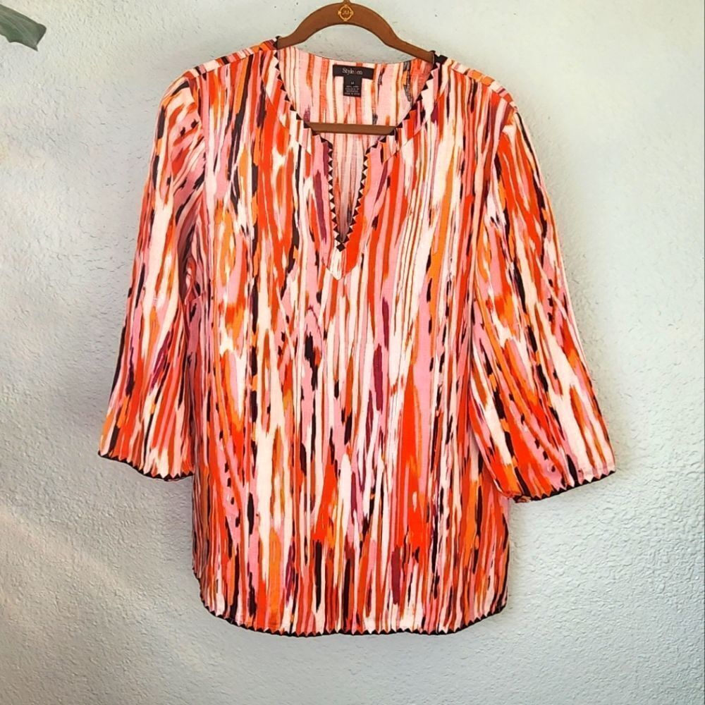 Style & Co 100% linen happy today multicolor tunic style blouse